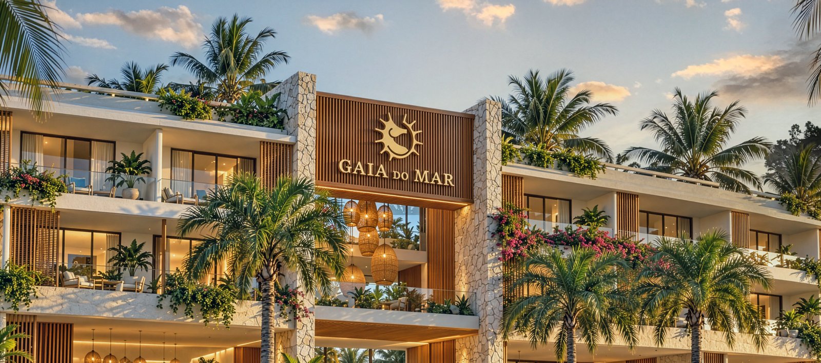 Gaia do Mar resort entrance at golden hour